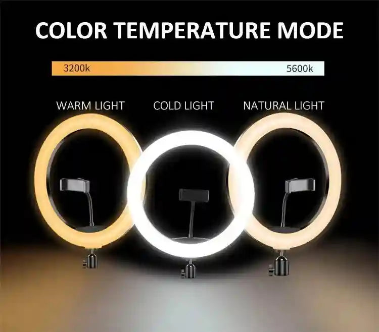Circular LED ring light showing warm, cold, and natural lighting modes with a center phone mount for photography.