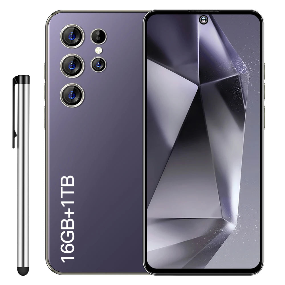 Purple 5G Android smartphone with quad rear cameras and large front display.