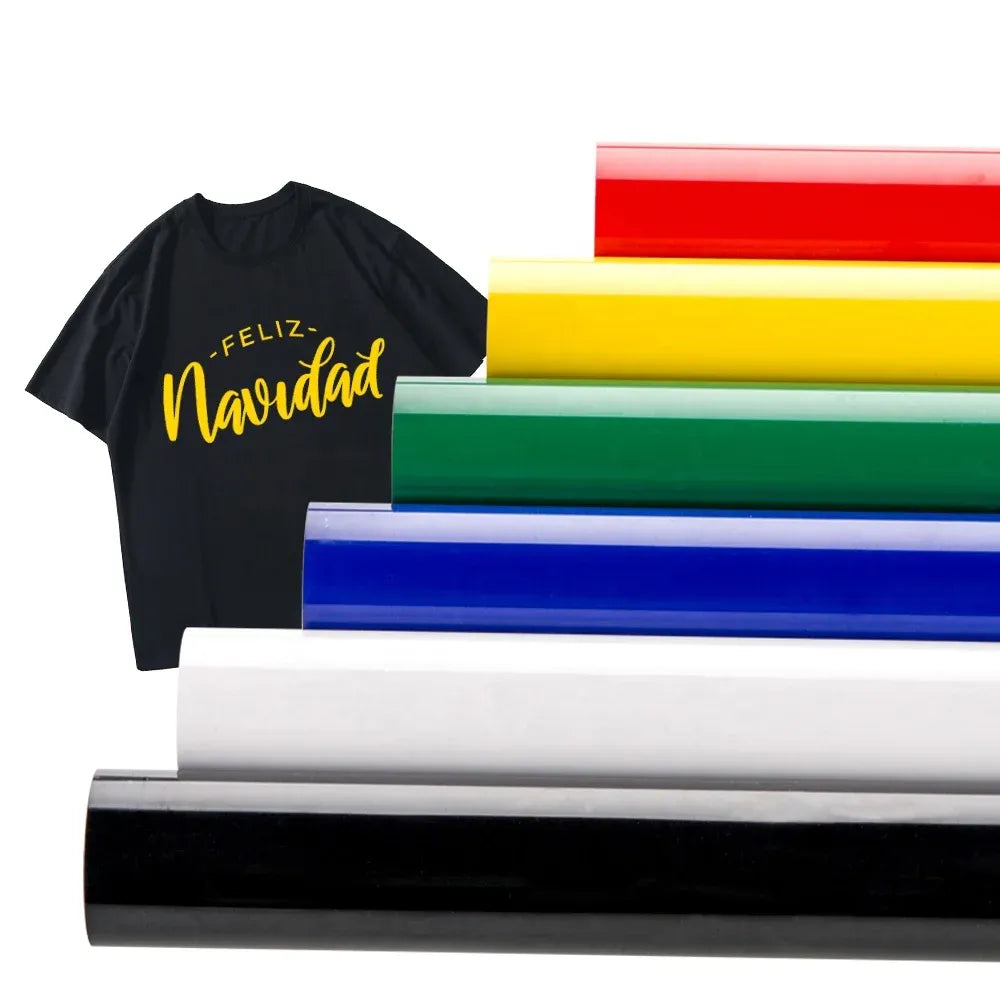 Black T-shirt with yellow script and stacked multicolor heat transfer vinyl rolls