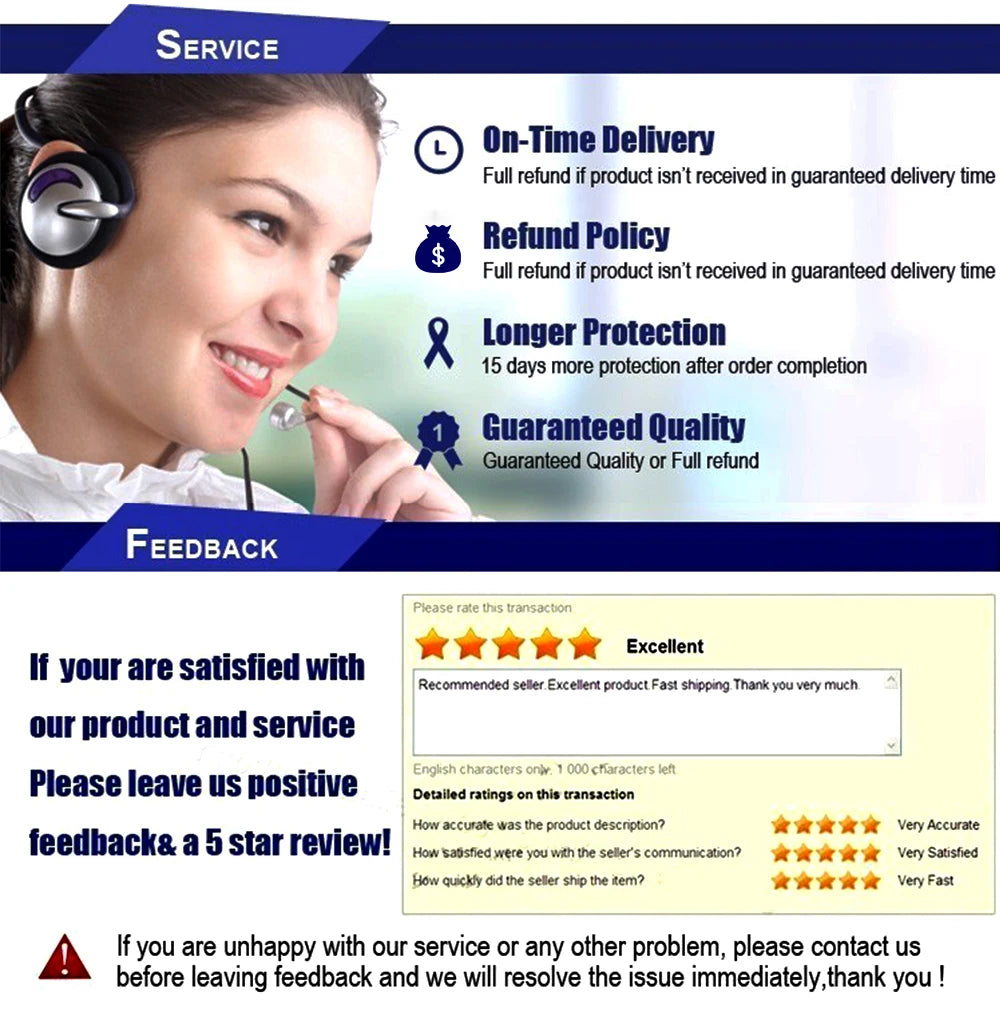 Customer support representative displaying guarantee, refund policy, and 5-star feedback request for pet shop products.
