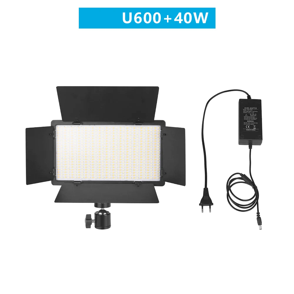 U600 40W LED rectangular video light panel with adjustable barn doors, ball head mount, and power adapter.