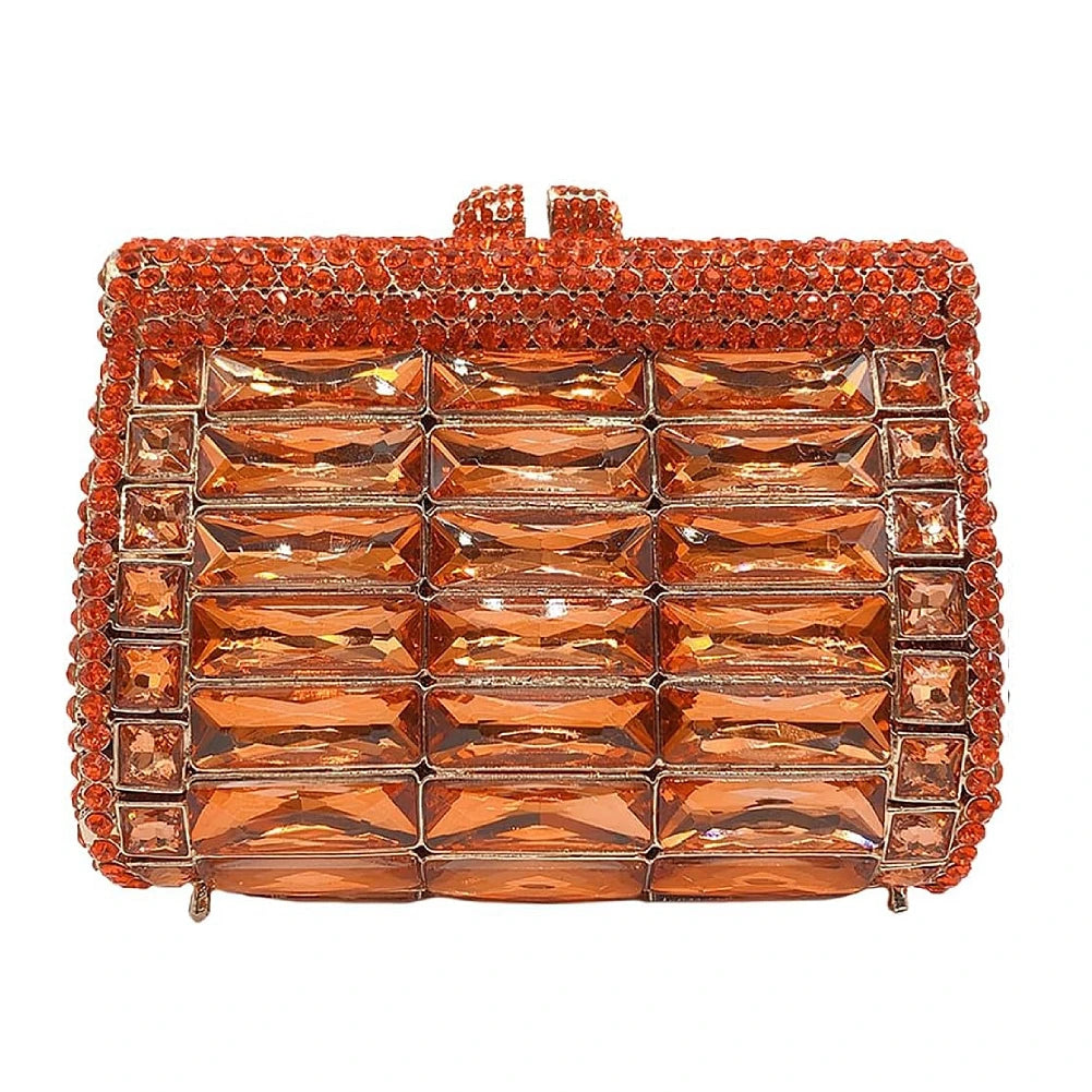 Orange crystal evening clutch bag with rectangular rhinestones, diamond design, and clasp closure. Designer handbag.