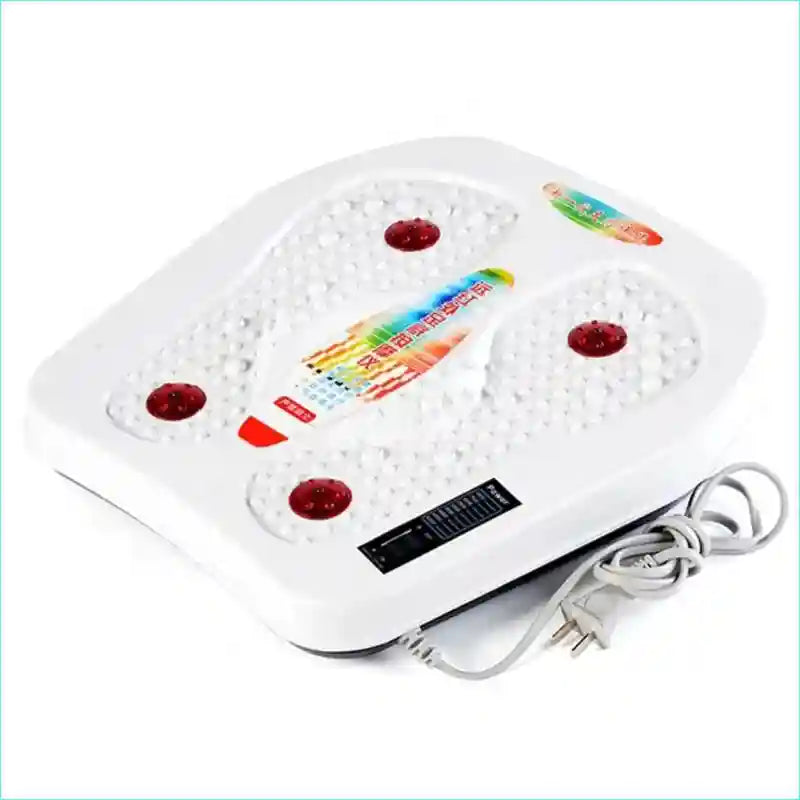 White electric foot massager with infrared heat, vibration, and magnetic nodes for circulation therapy and reflexology.