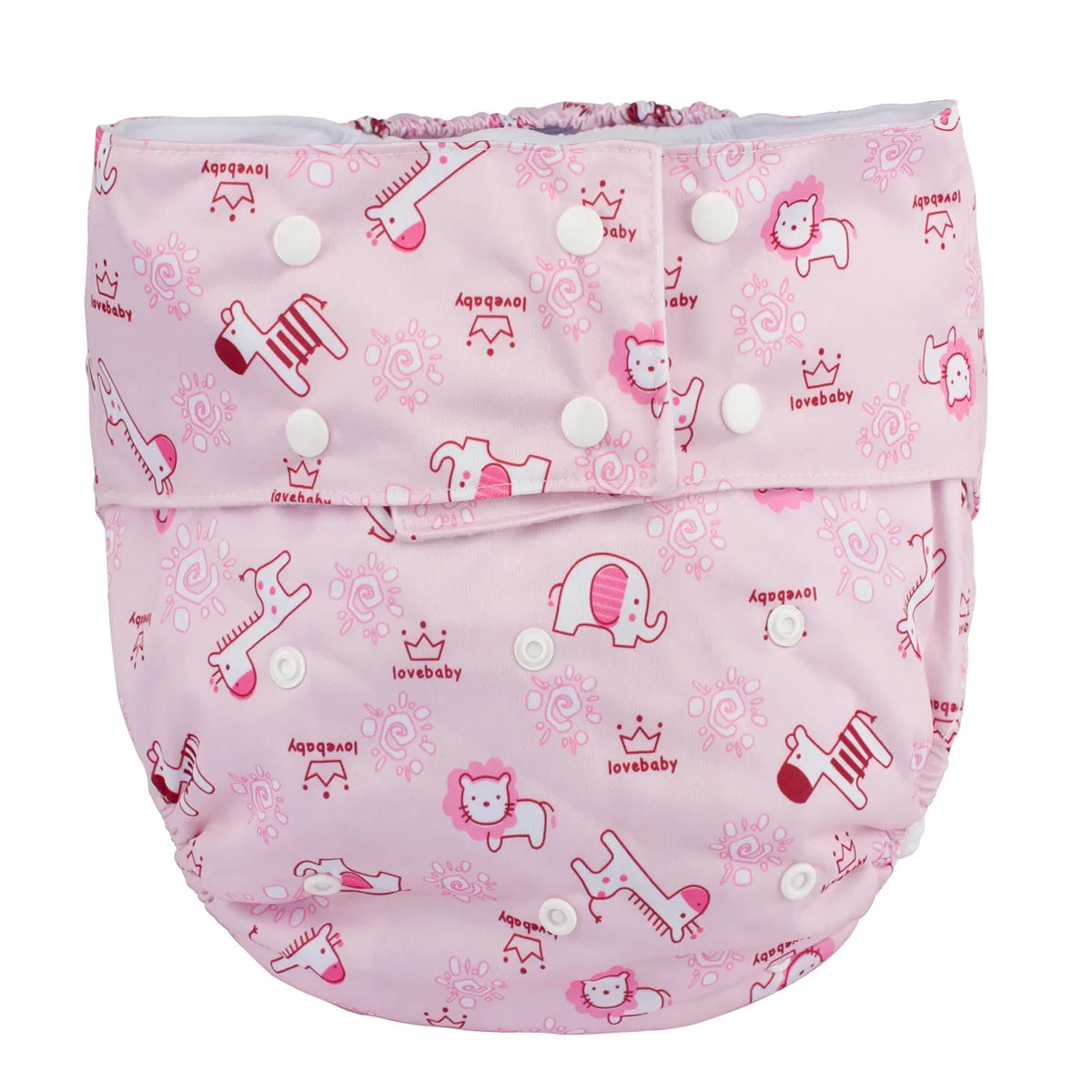 Lovebaby adjustable pink cloth baby diaper with animal and crown print, reusable baby care essential.
