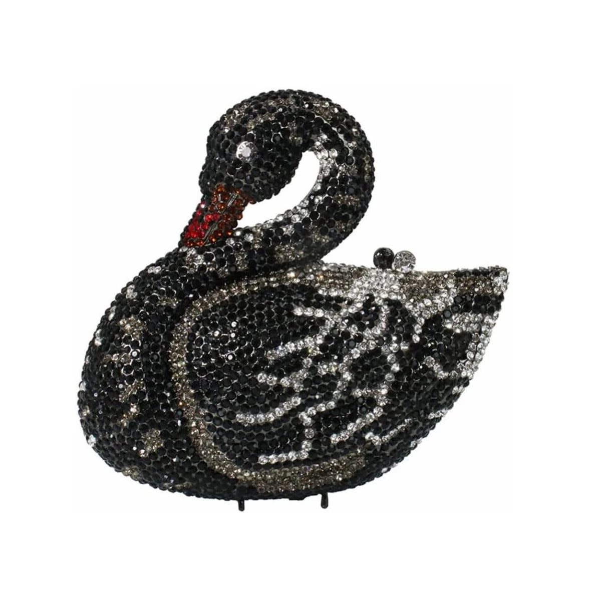 Black swan-shaped evening clutch encrusted with sparkling rhinestones, perfect for elegant wedding or prom wear.