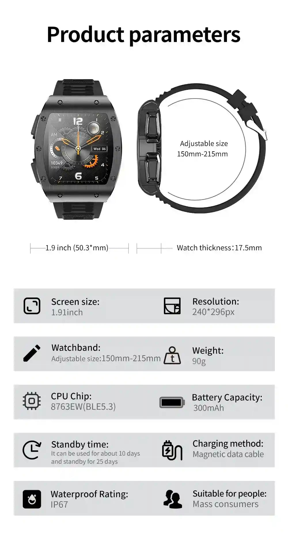 Tidesmit JM09 Smartwatch With Wireless Earbuds - IP67 Waterproof Fitness Tracker Tidesmit