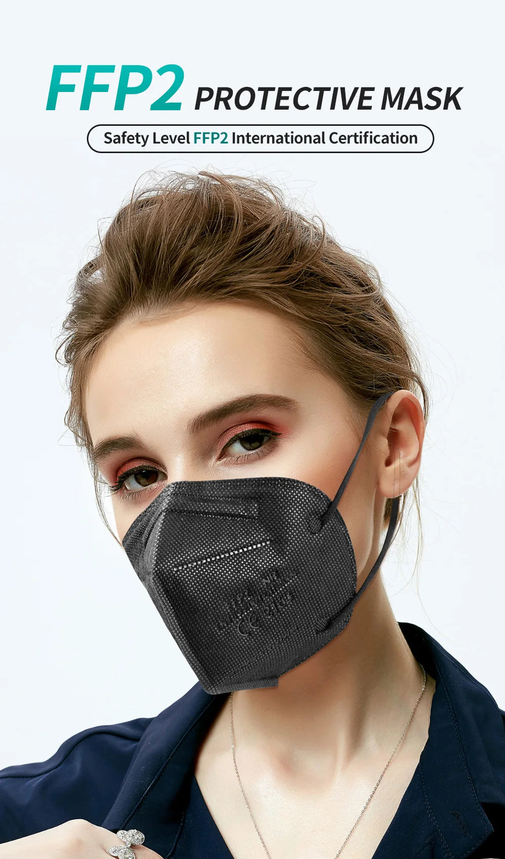 Woman wearing a textured black FFP2 KN95 5-layer protective face mask with subtle warm-toned makeup.