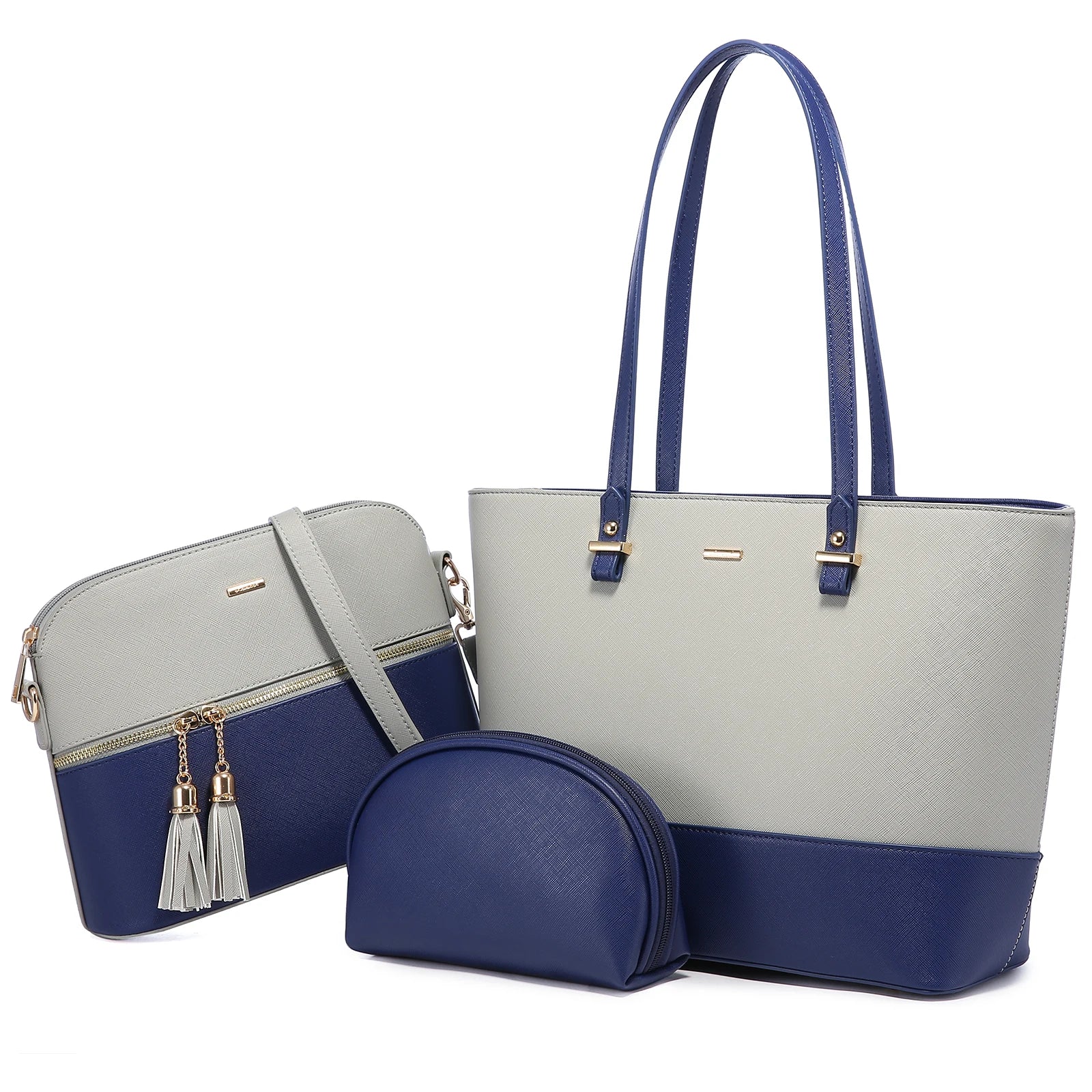 LOVEVOOK 3-piece designer handbag set in blue and grey PU leather featuring a tote, crossbody, and pouch with tassels.