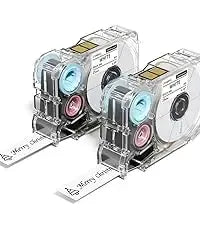 Angled diagram of label maker cartridges with blue ribbon tape