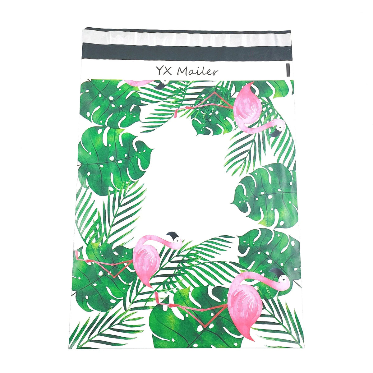 Green floral poly mailer with flamingo pattern and top black label strip