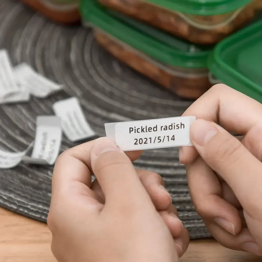 Hands placing a small white square label sticker on an item