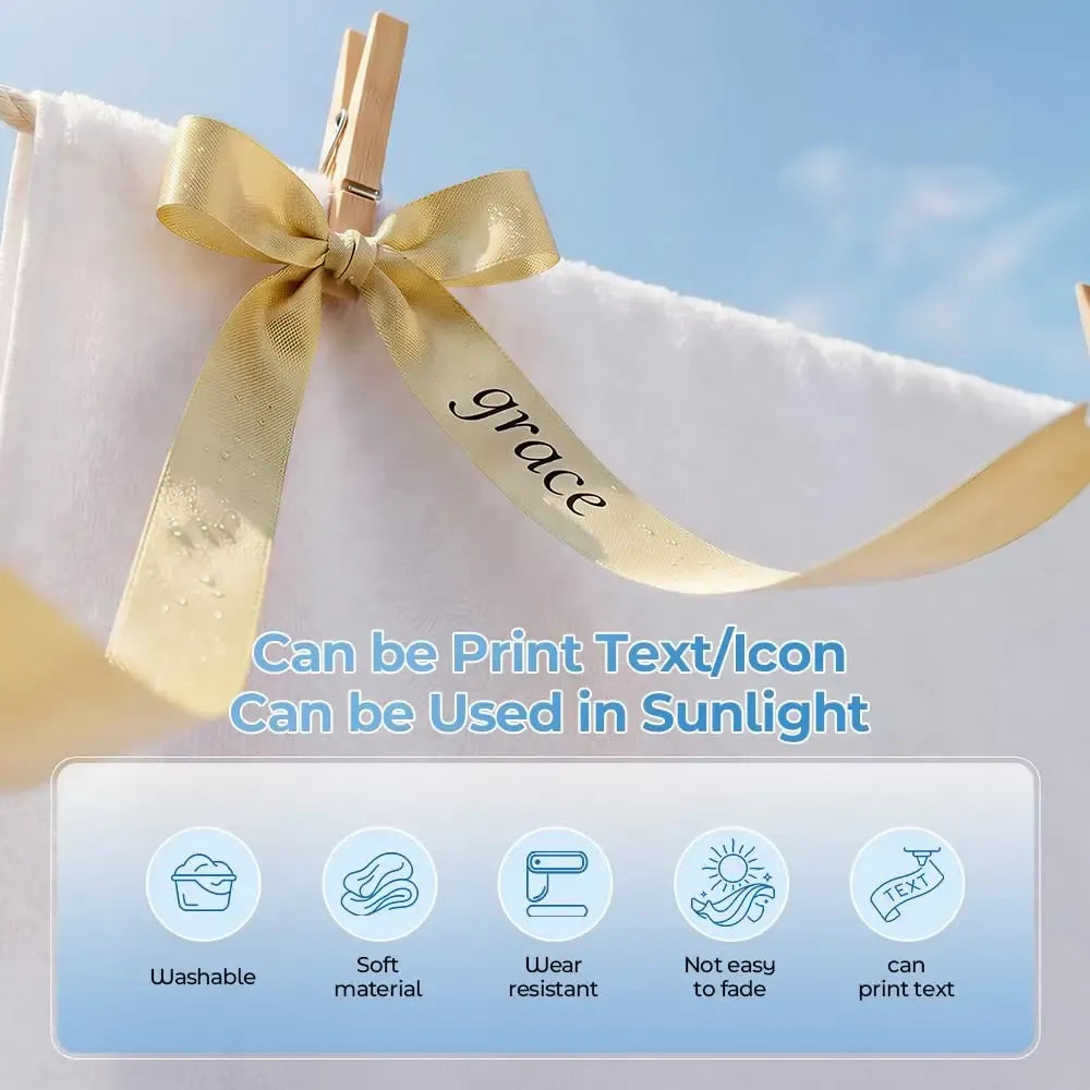 Gold satin ribbon tied on white gift pouch, printed script on the ribbon