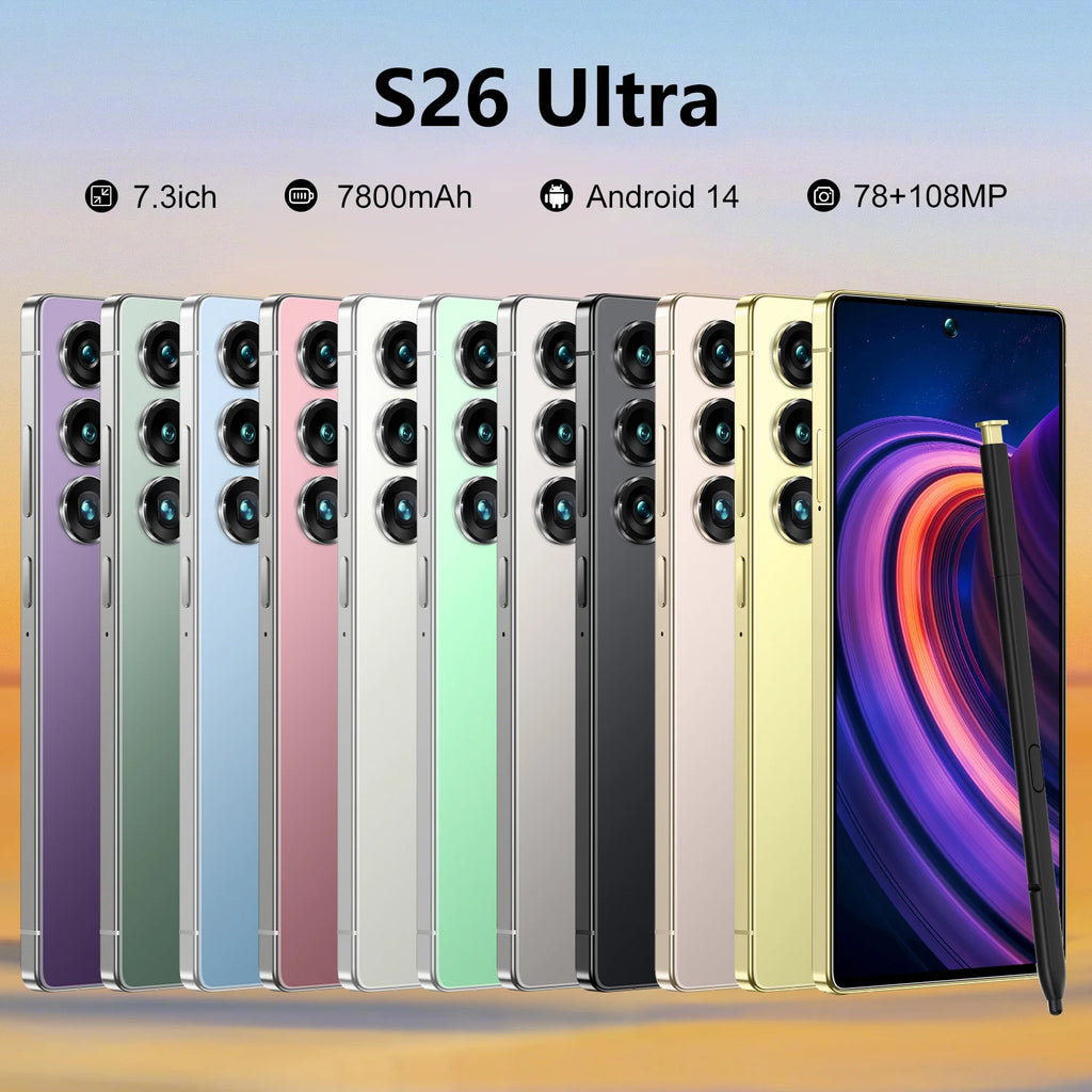 S26 Ultra smartphone featuring 7.3 inch screen, 22GB RAM, 1TB storage, and 5G connectivity viewed from angle six