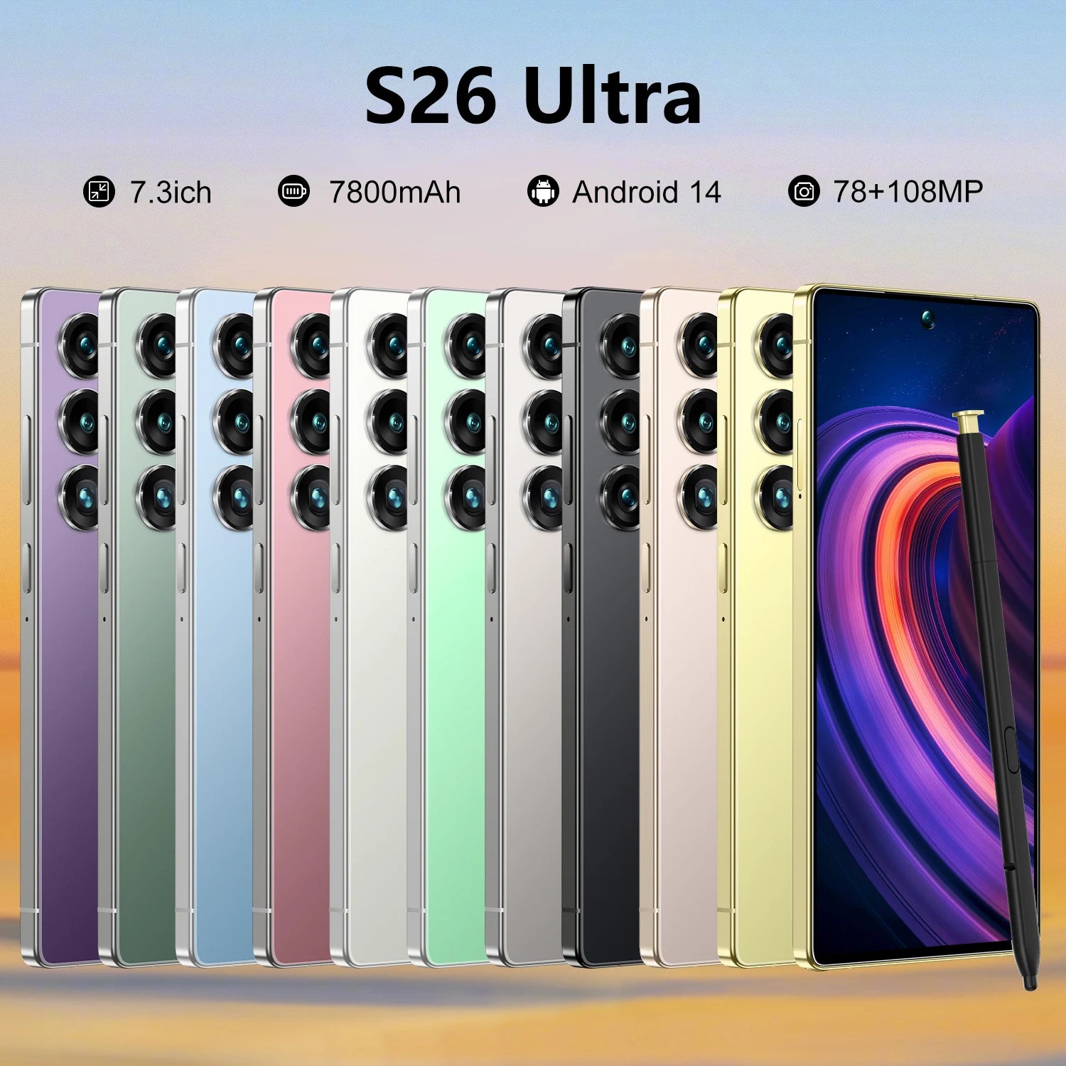S26 Ultra smartphone featuring 7.3 inch screen, 22GB RAM, 1TB storage, and 5G connectivity viewed from angle six