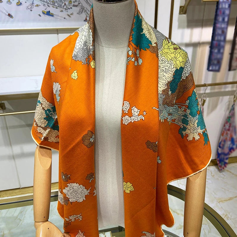 Luxurious 140x140cm Large Square Flower Horse Printed Brand Cashmere Silk Scarf Gift  for Elegant Individuals in Stock MOQ 1 PC