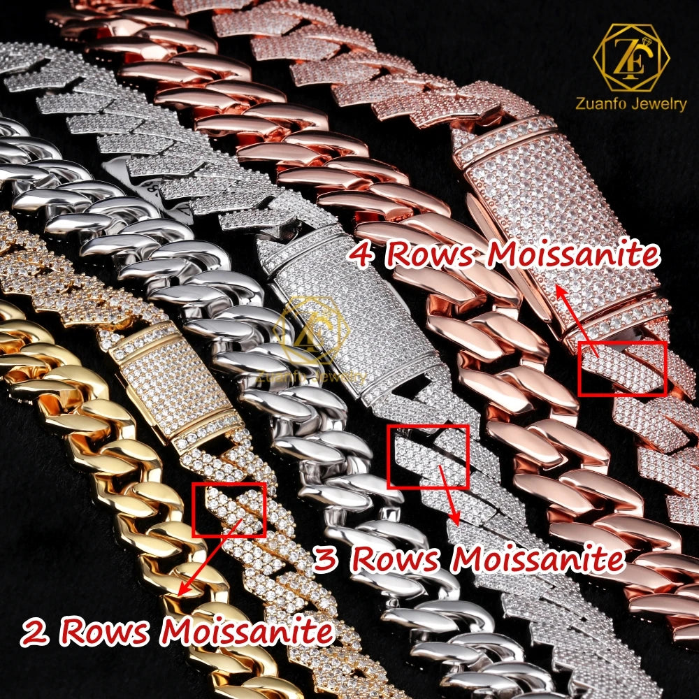 VVS Diamond 2rows 8mm 10mm 12mm 15mm S925 Silver GRA Moissanite Necklace Mans Hiphop Cuban Link Chain for Fashion Jewelry