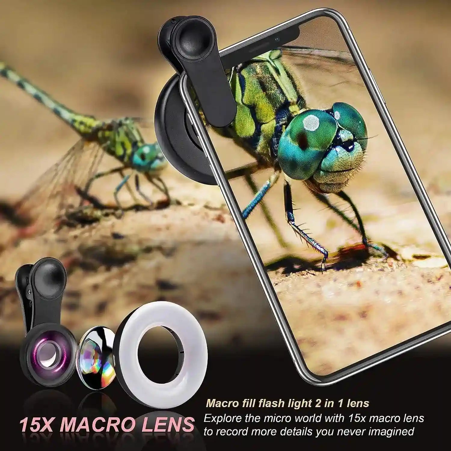 15x clip-on macro lens with white LED ring light for smartphone close-up photography.