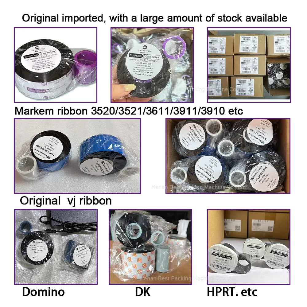 Packaged black wax-resin thermal transfer ribbon rolls with purple cores and labels