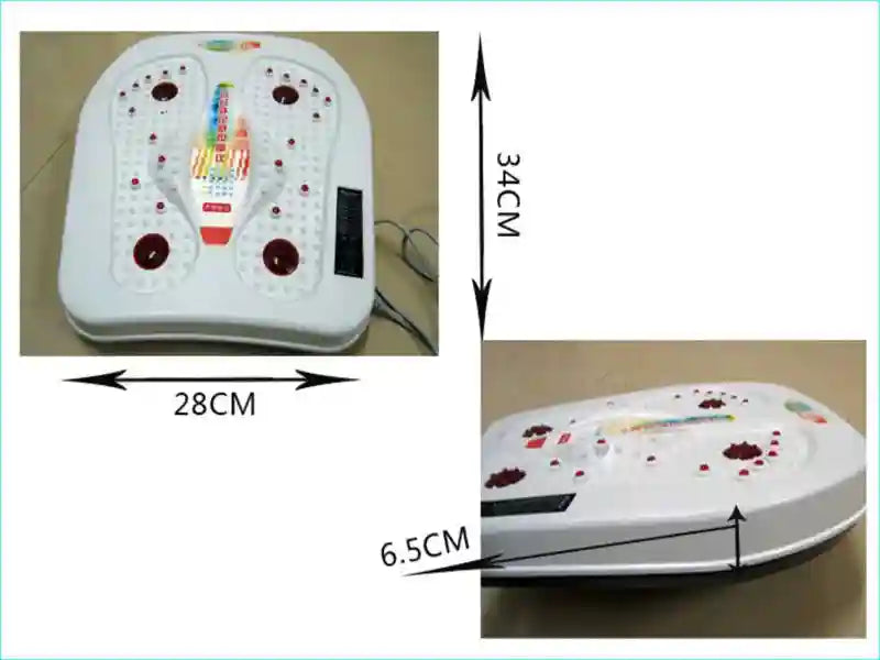 White electric vibrating foot massager with infrared heating, magnetic reflexology points, and dimensions 34x28x6.5cm.