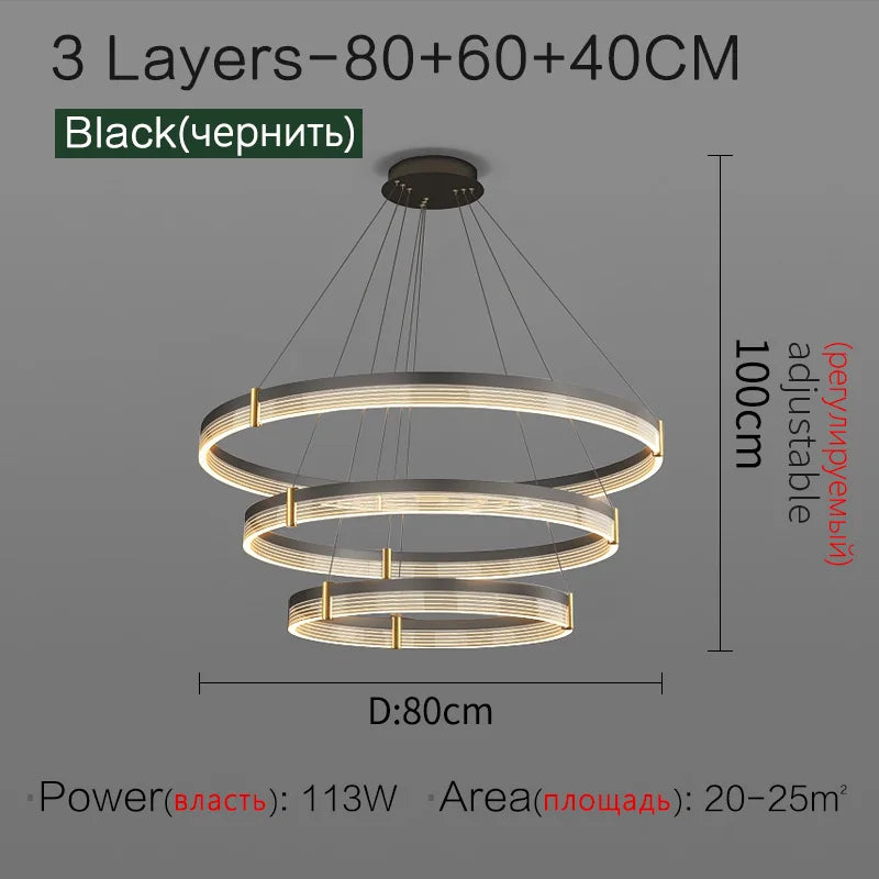 Nordic LED Ring Light Chandelier | Adjustable Color Temperature 3-Layer 3 Layers 80 60 40cm Tidesmit