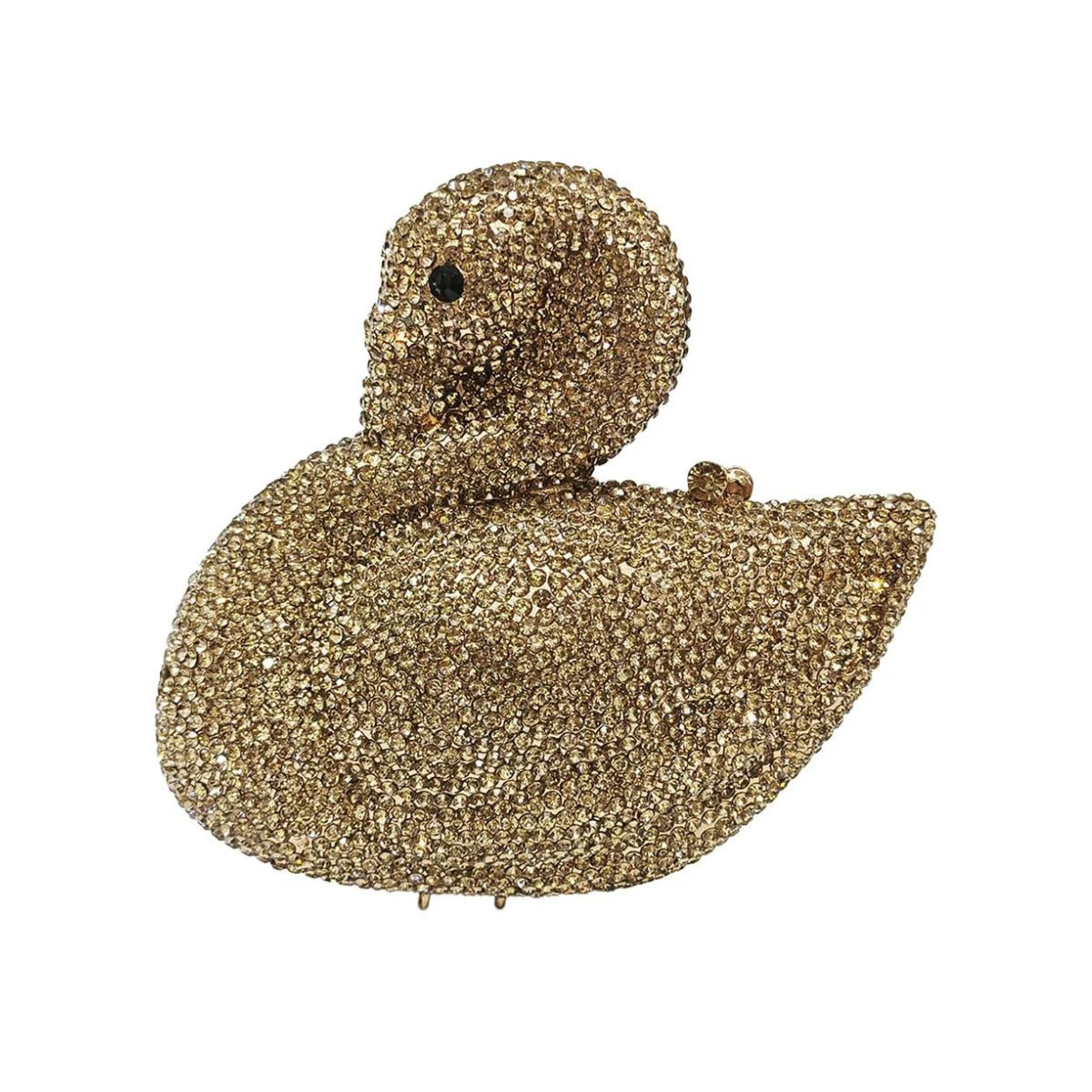 Gold swan-shaped luxury designer evening clutch, encrusted with sparkling crystals for bridal or wedding party wear.