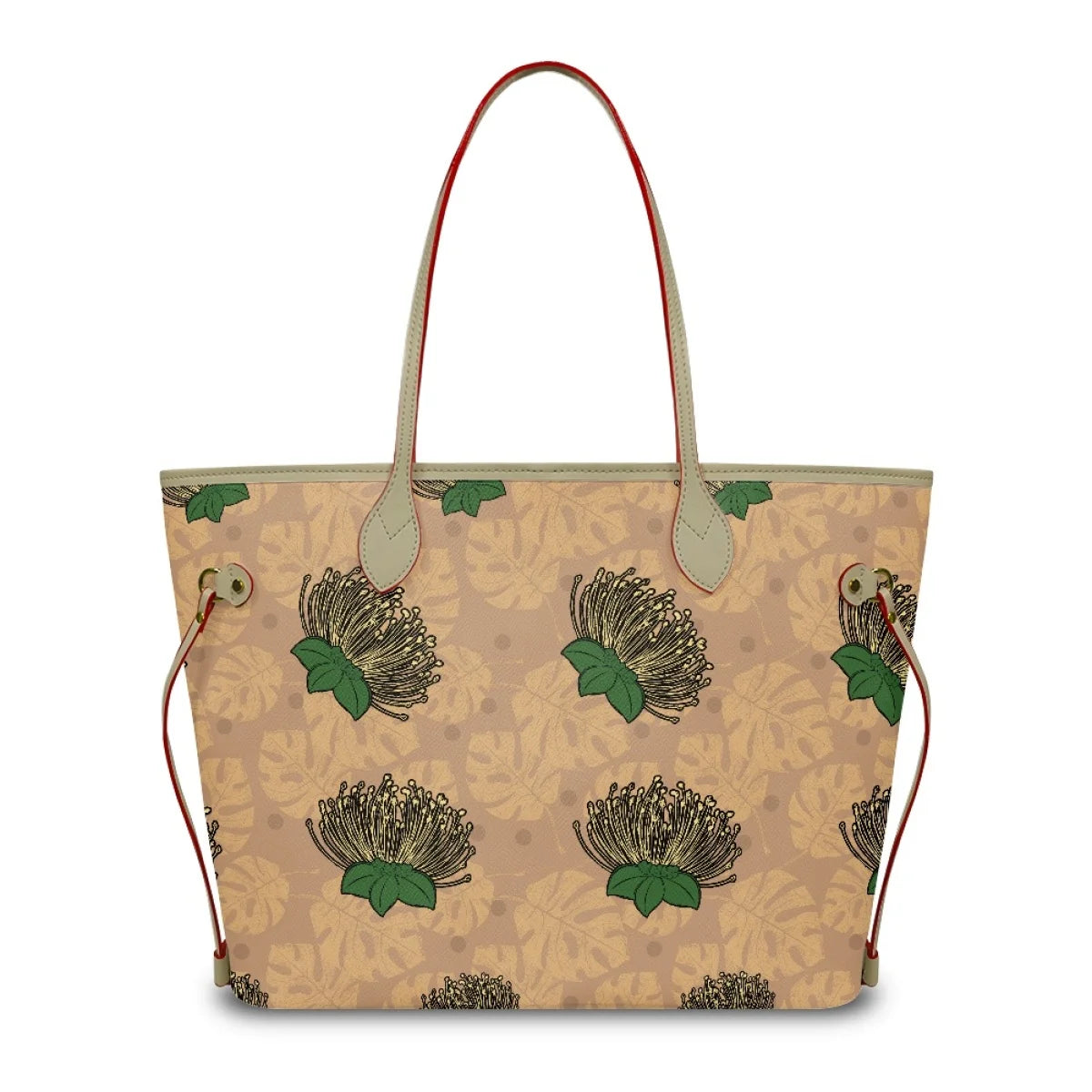 Tan leather tote bag featuring a green and gold Ohia Lehua floral pattern, slim handles, and red trim detail.