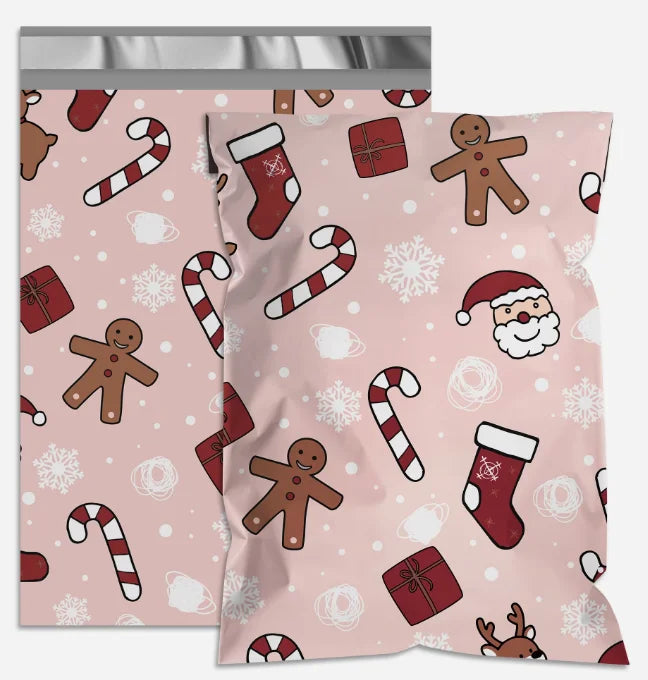 Light pink Christmas poly mailer bag with gingerbread, candy cane, and gift print