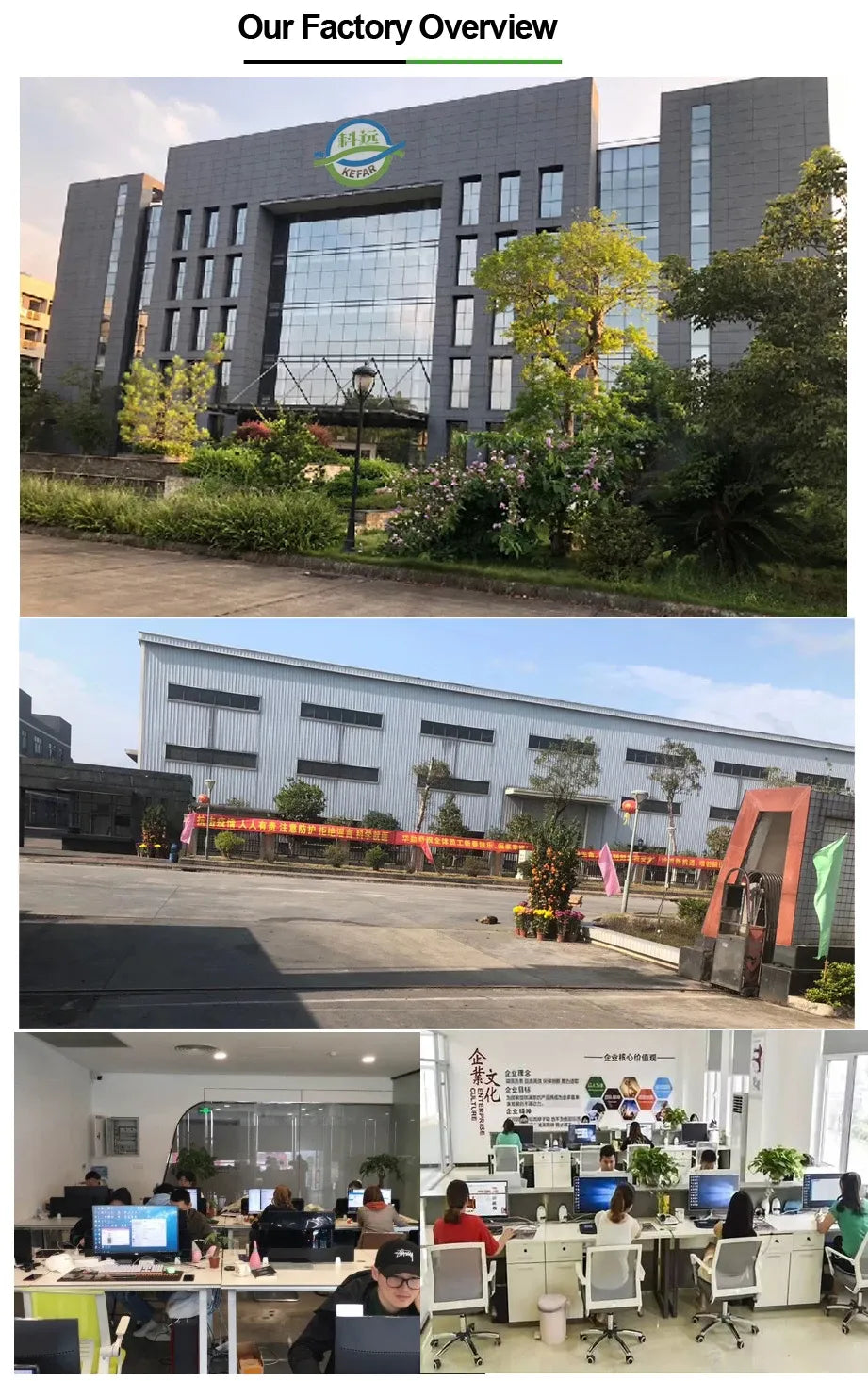 KEFAR factory exterior and office workspace photo collage