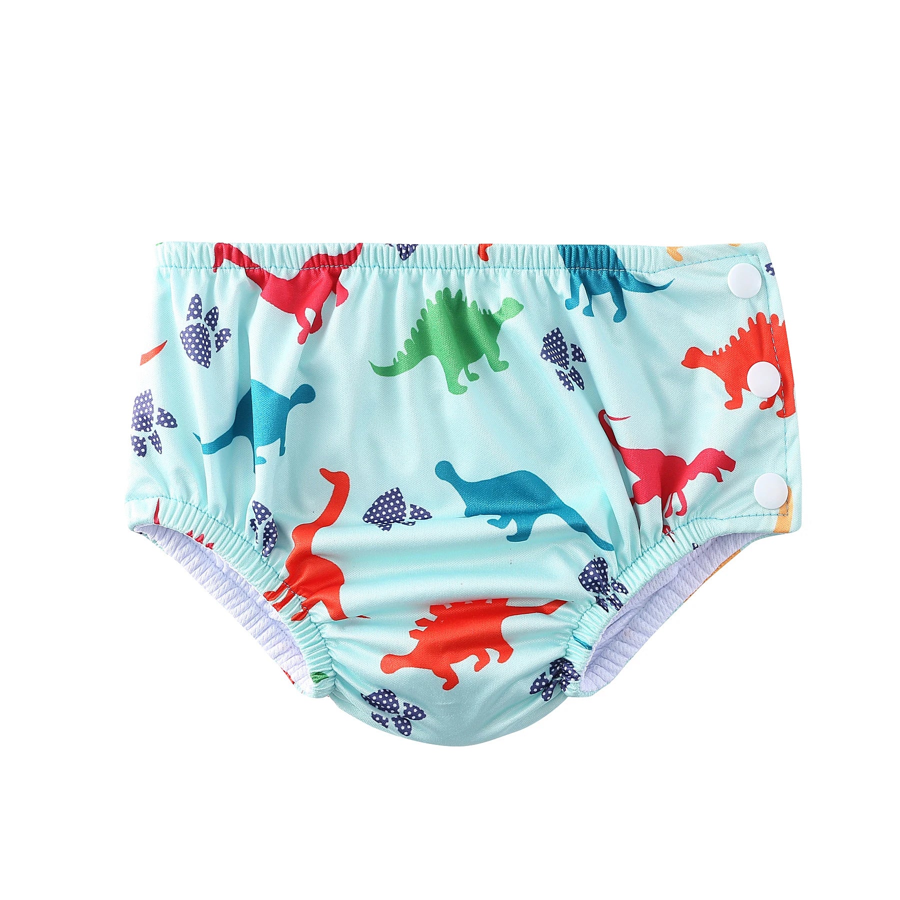 Reusable baby swim diaper featuring colorful dinosaur print with side snap buttons.
