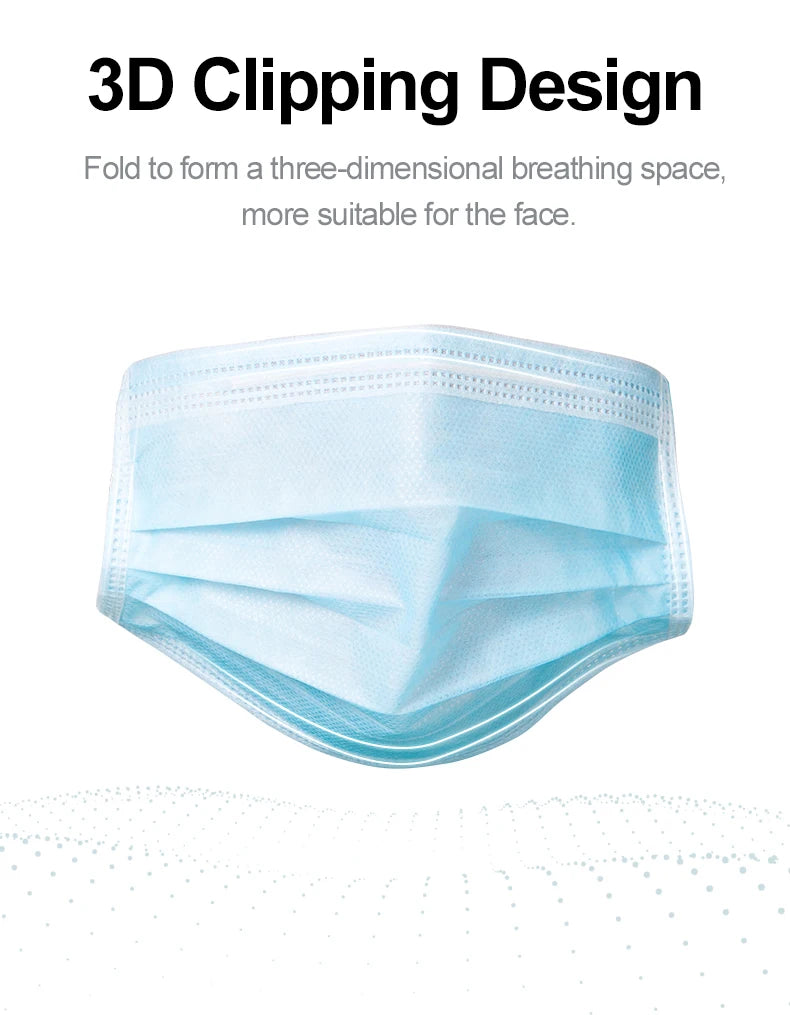 Blue 3-layer disposable non-woven face mask with meltblown cloth, featuring a 3D pleated design for comfortable fit.