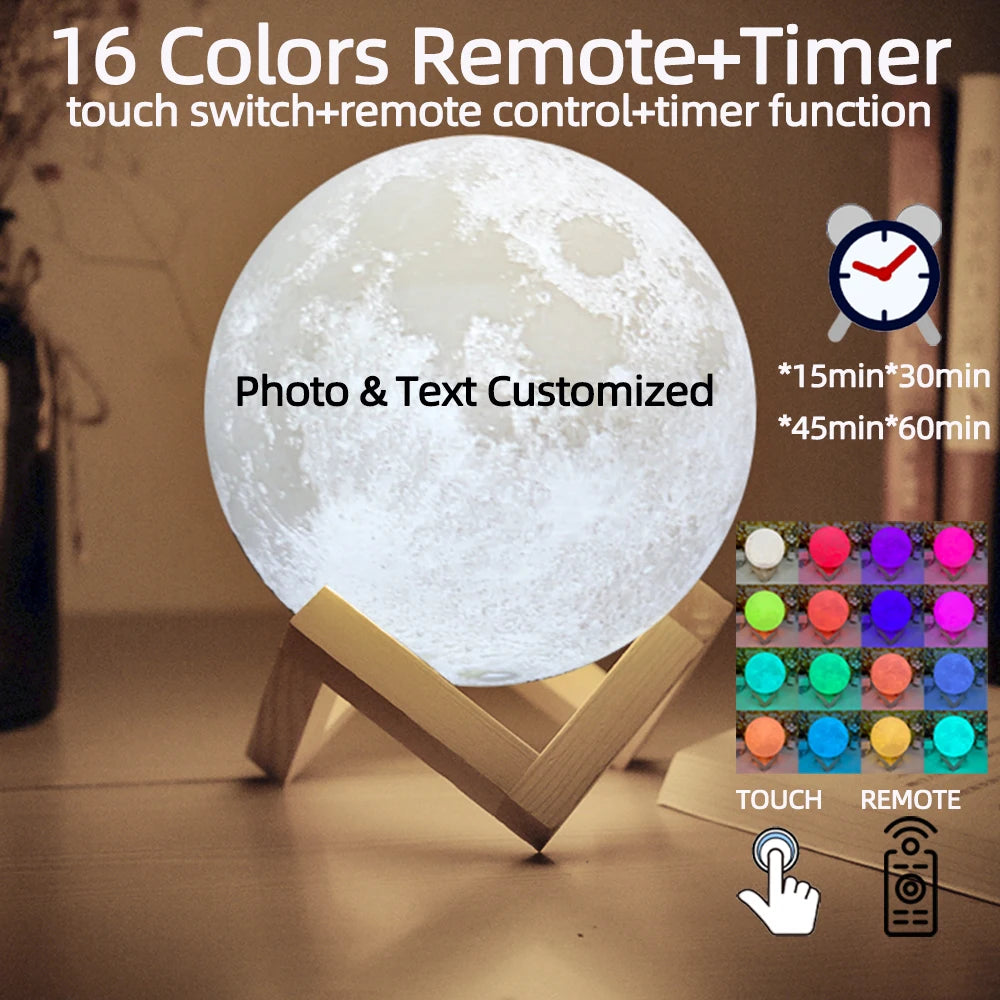 Customizable 16-color moon lamp on a wooden stand with remote and touch-controlled timer for ambient night lighting.