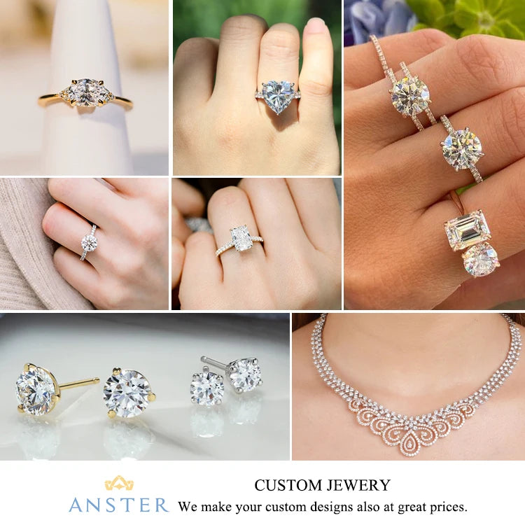 Custom jewelry collage featuring lab diamond rings and a tennis-style necklace
