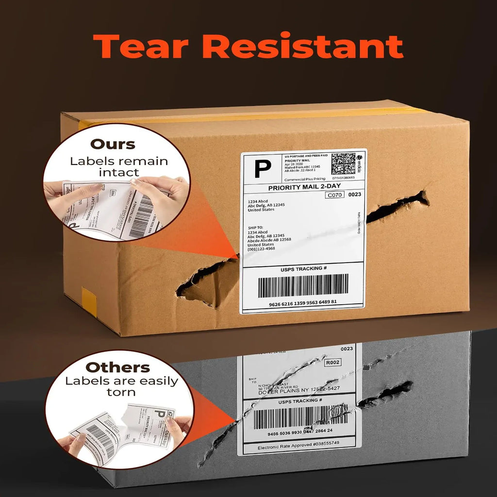 Shipping box with tear-resistant label comparison graphic on brown carton and parcel