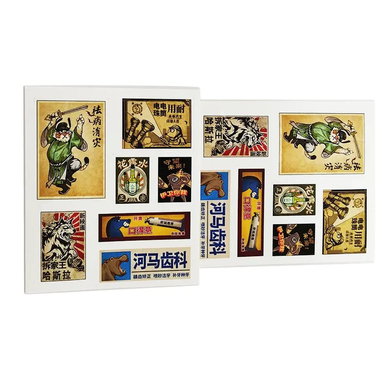Glossy vinyl kiss-cut sticker sheet with mixed colorful cartoon designs, waterproof