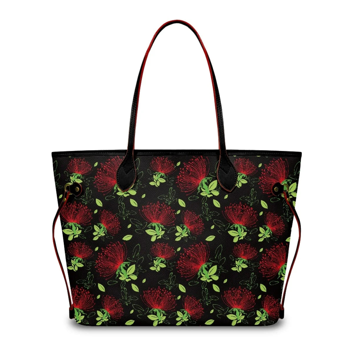 Luxury leather tote bag featuring a black Ohia Lehua floral print, red accents, and spacious designer shoulder style.