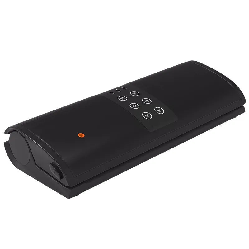 Black countertop vacuum sealer machine with top control buttons and indicator light