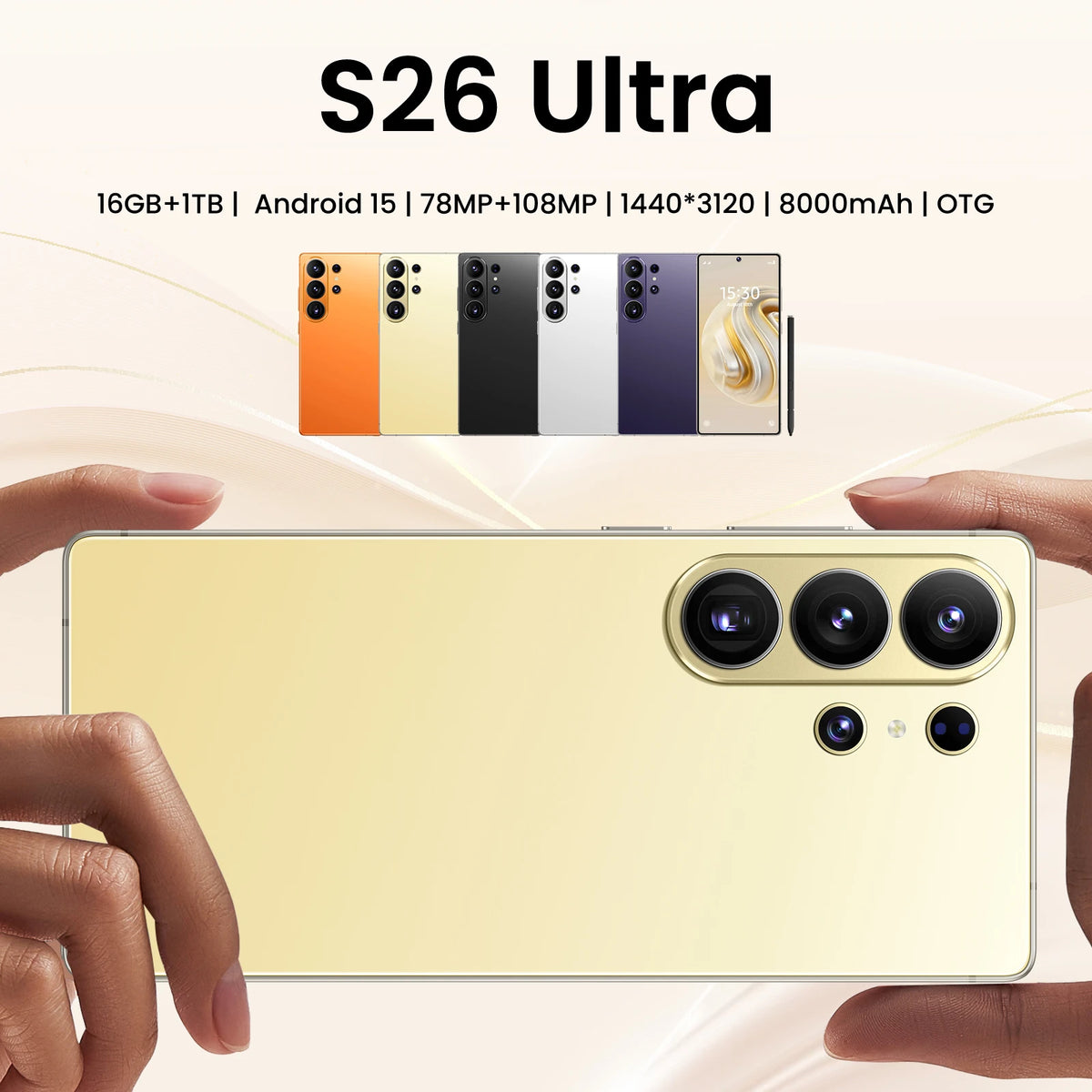 Gold unlocked Android smartphone back with triple cameras, held in hand