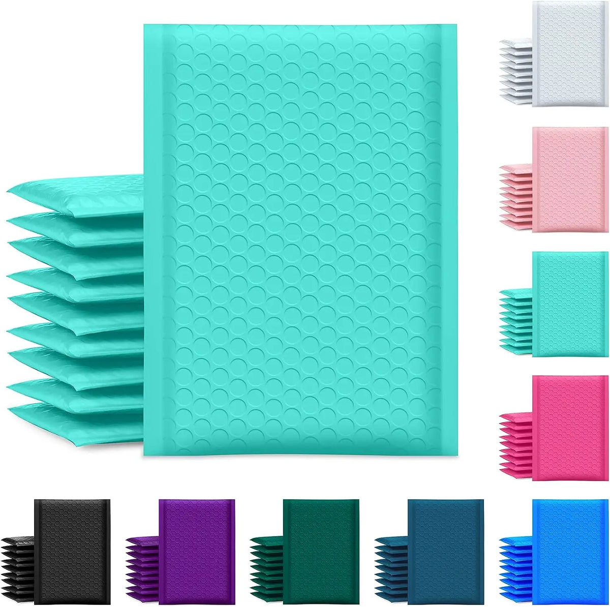 Teal bubble poly mailer bags stacked with honeycomb texture and color options.