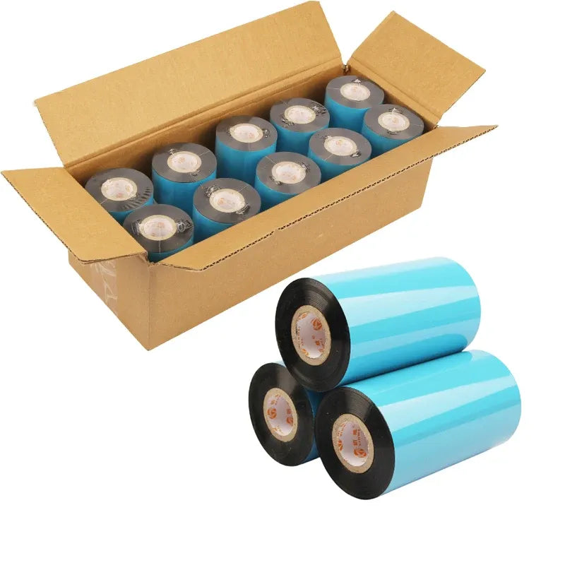 Wax ribbon rolls in box packaging with several blue rolls and black ribbon cores