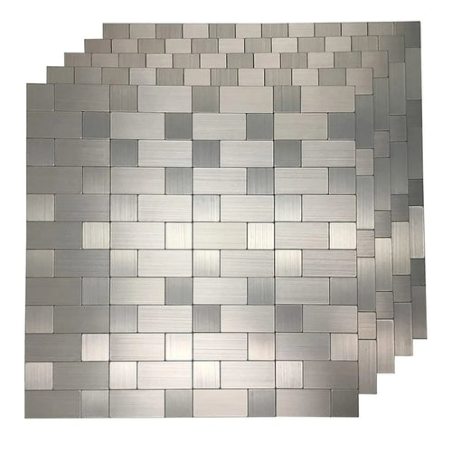 Silver brushed stainless steel peel-and-stick backsplash tile sheets, square mosaic pattern