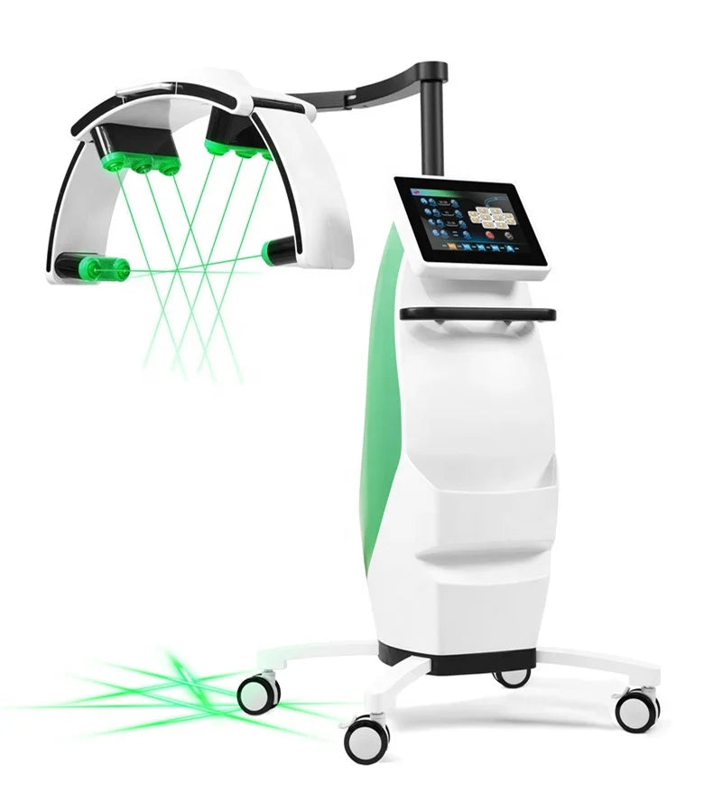 Standing LLLT fat burning machine with green laser lights, touchscreen display, and white medical-grade mobile design.