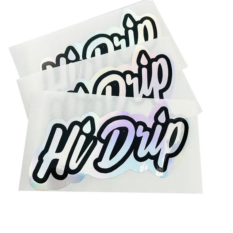 White holographic graphic label stickers with bold black lettering