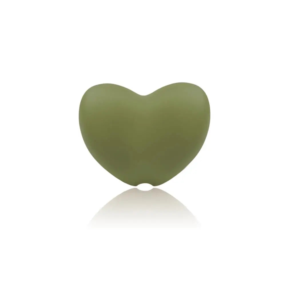 Olive green silicone heart baby teething toy for soothing infant gums.