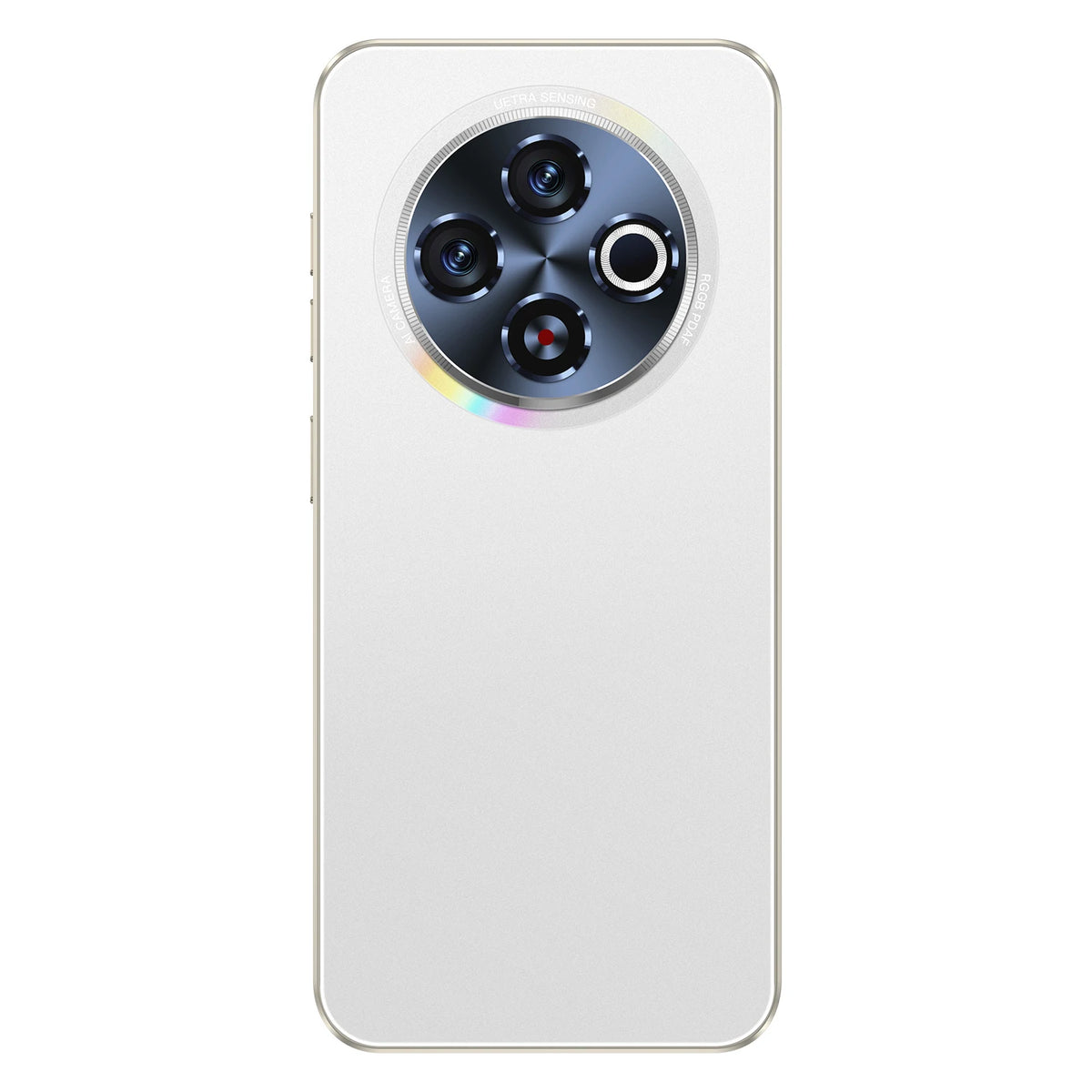 White 5G smartphone back with triple rear camera module