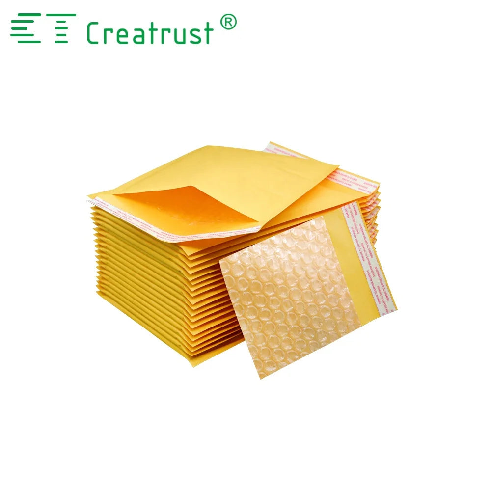 Yellow padded mailer envelopes stacked with printed strip and clear bubble wrap window