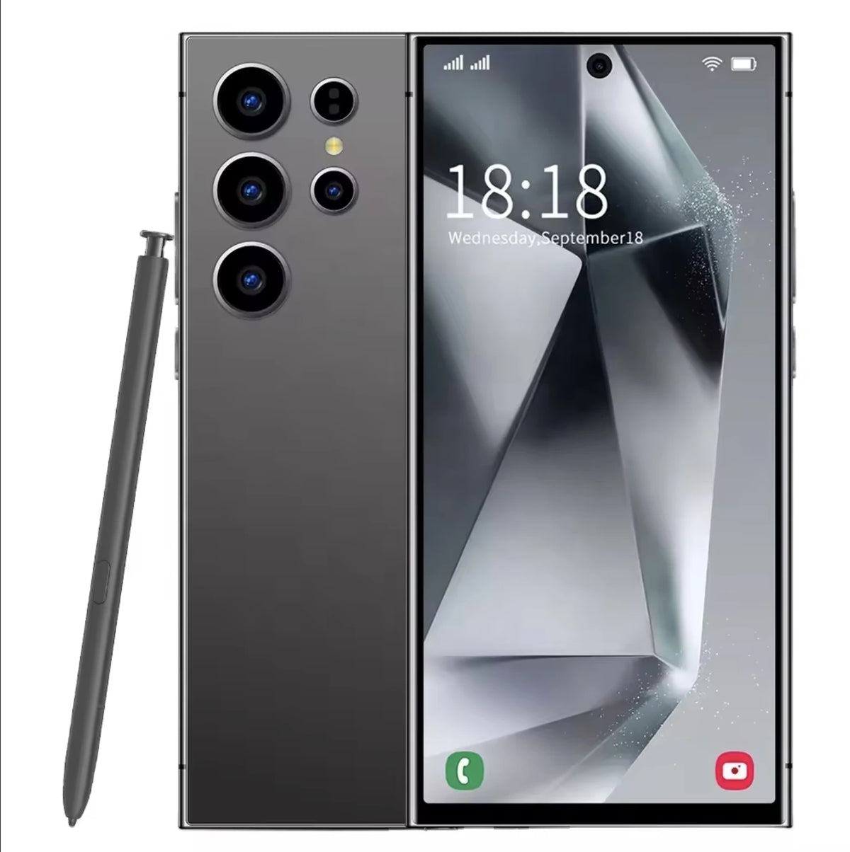 Black smartphone with front display and quad rear cameras, with stylus