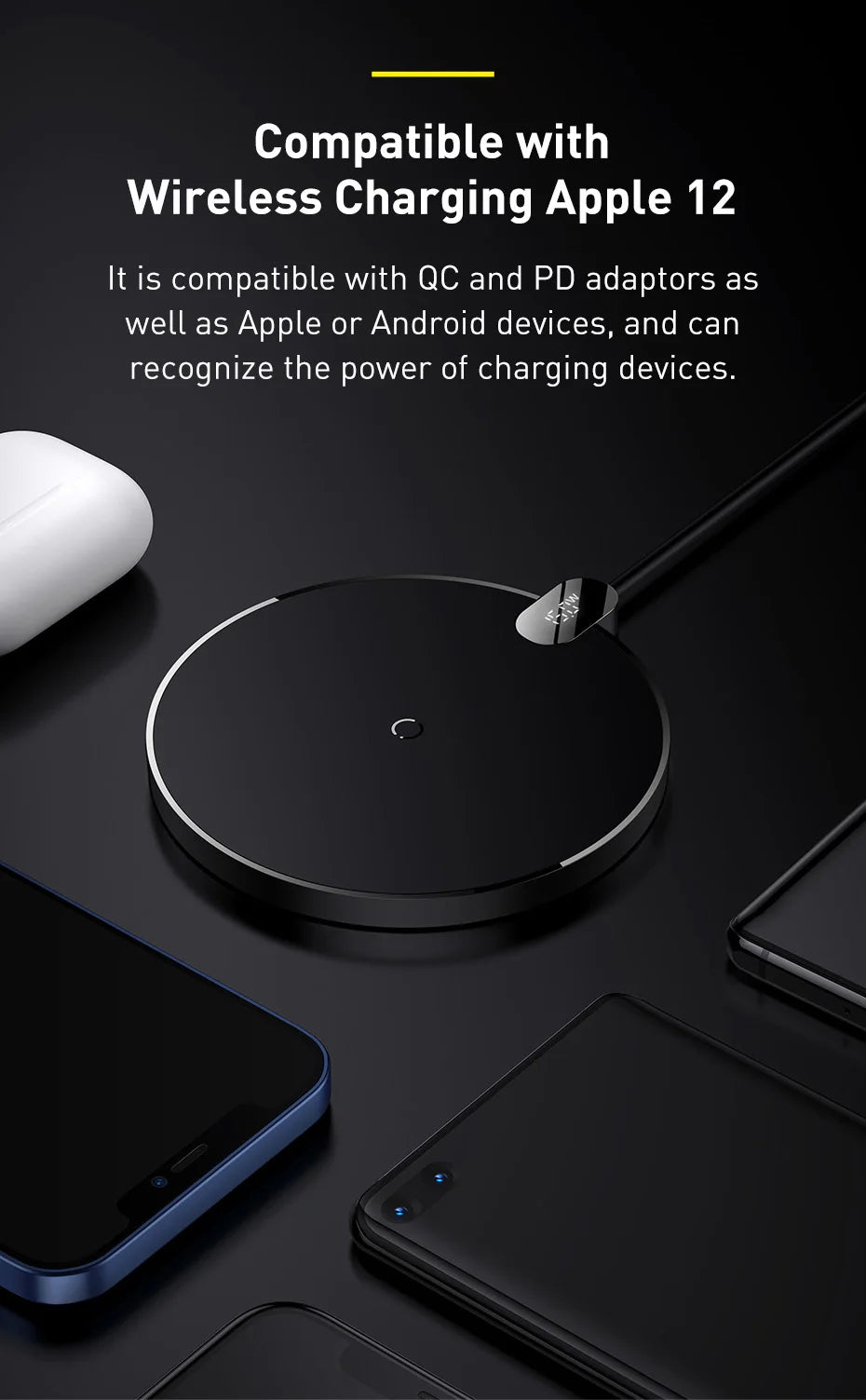 15W Fast Wireless Charger Pad with LED Display - Qi Certified Black Tidesmit