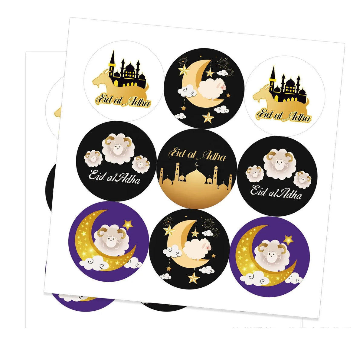 Purple and gold Eid al-Adha circular sticker sheet with sheep and crescent