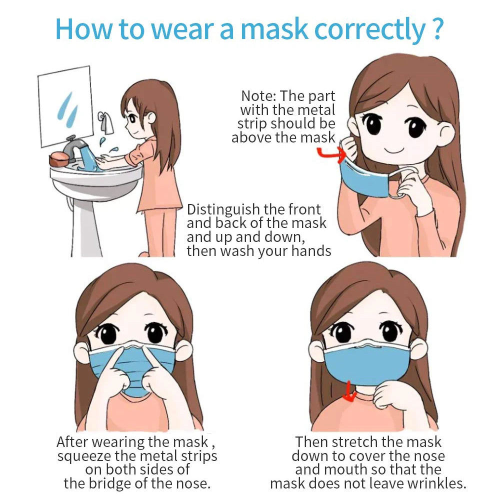 Infographic showing blue 3-layer non-woven disposable face mask application instructions with metal nose strip adjustment.