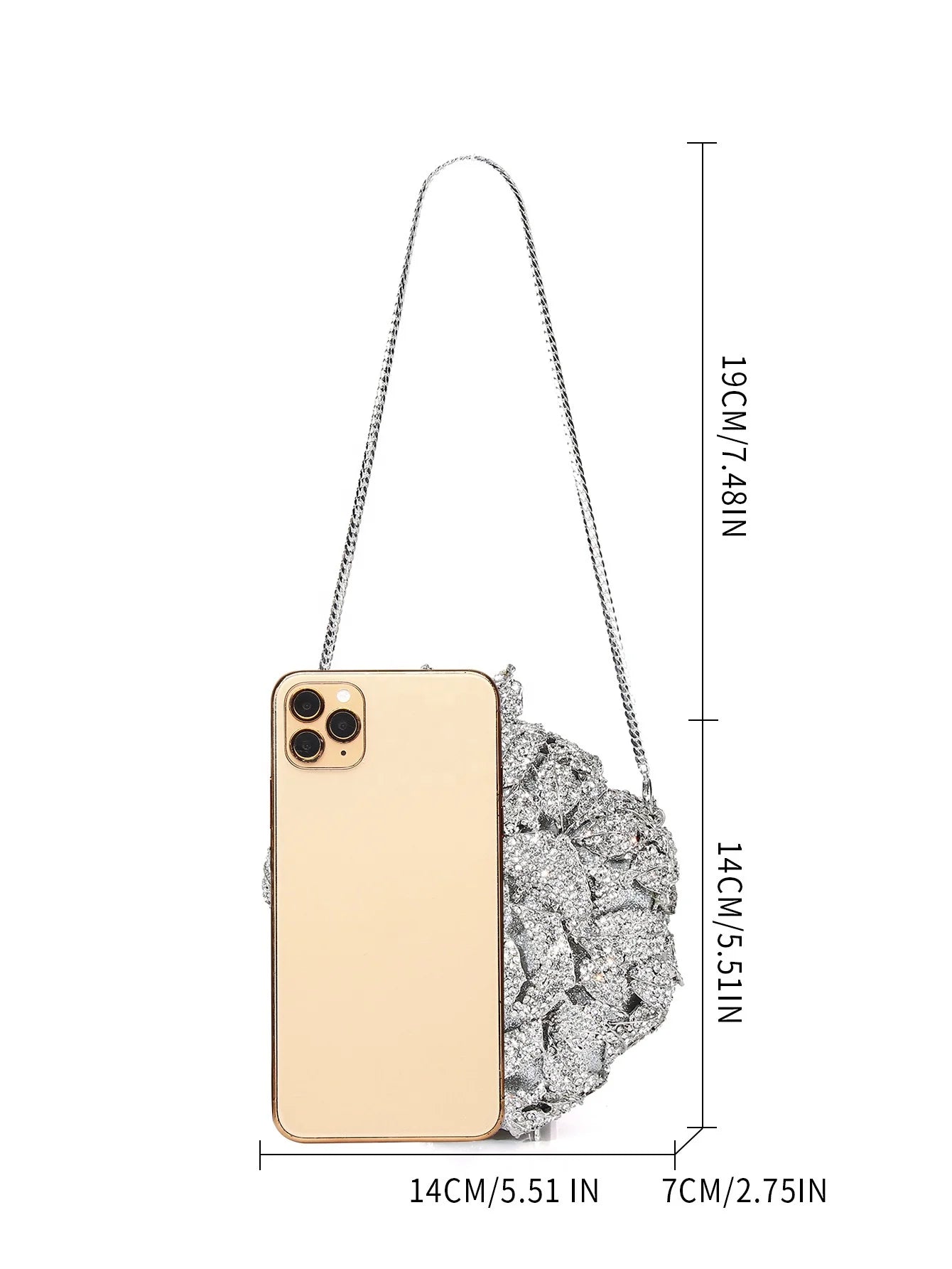 Silver flower-shaped luxury designer evening clutch bag with rhinestone embellishments and detachable chain strap.